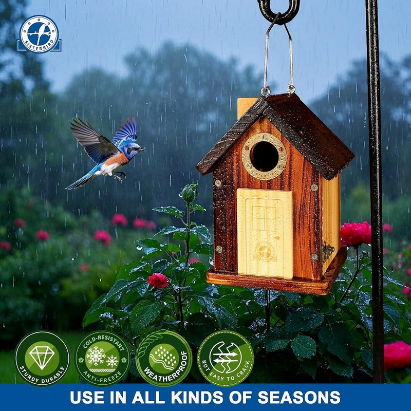 SISTERBIRD Bluebird Houses for Outside, Premium Bird Houses for Outside, Wooden Cabin Birdhouses for Outdoors, Weatherproof Courtyard Decorated Hanging Bird House, Nesting Bird House - Image 5
